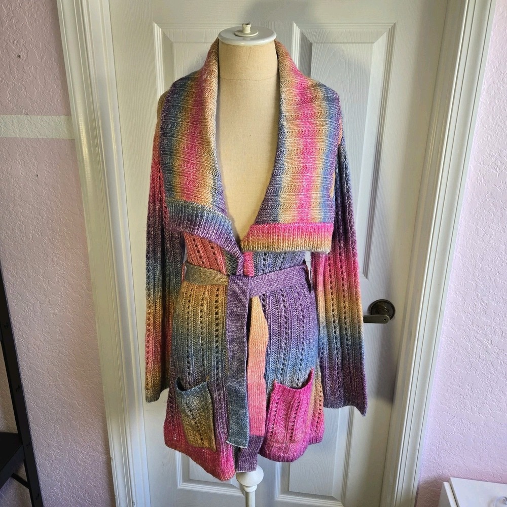 Modcloth Rainbow Ombre Long Cardigan Sweater‎ Size XS Pockets Button Front New